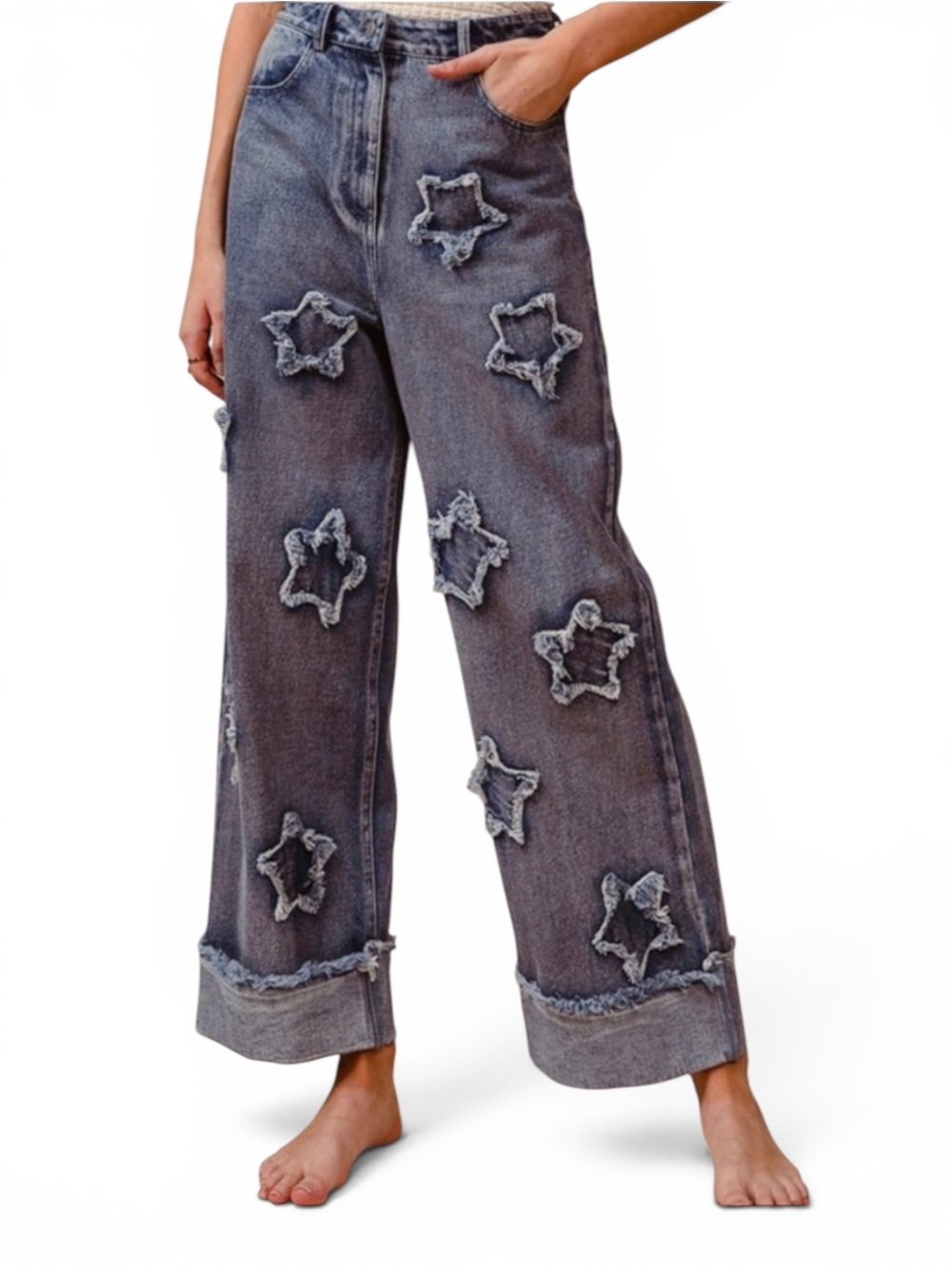 🆕 BiBi - Washed Blue Wide-Leg Jeans with Frayed Star Appliqués